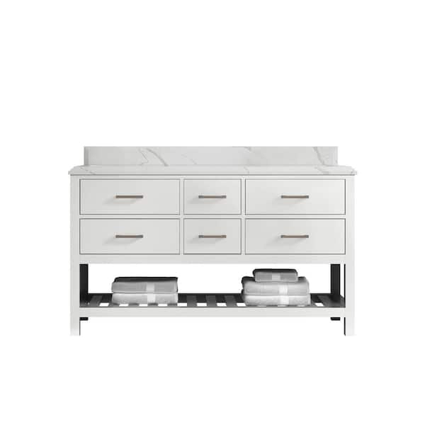 Willow Collections Parker 60 in. W x 22 in. D x 36 in. H Double Sink Bath Vanity in White with Cove Edge Calacatta Quartz Top