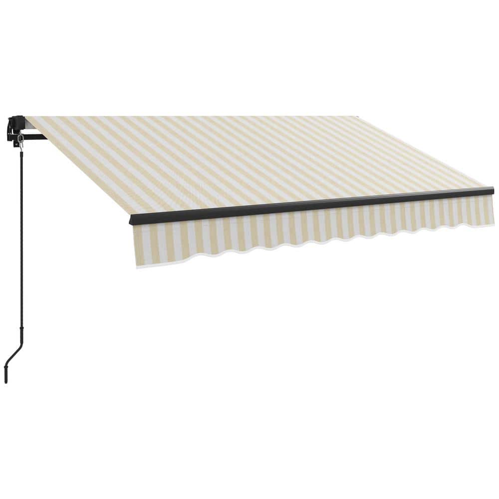 Beige and White Striped Polyester Retractable Patio Awning with Manual Crank