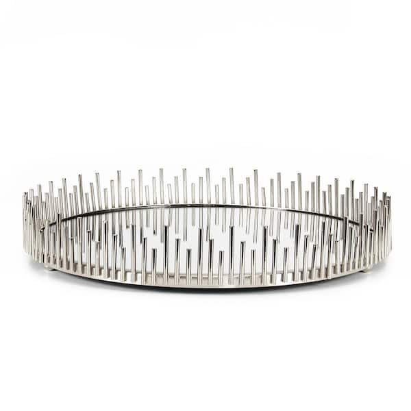 Sunburst 14 in. Silver Round Metal Mirror Decorative Tray