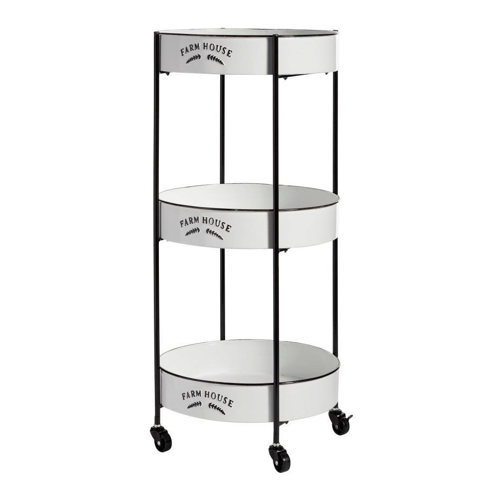 White and Black Metal 3-Tier Farmhouse Rolling Storage Cart