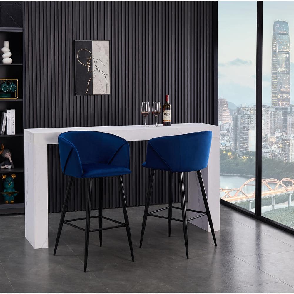 Aldridge 30 in. Blue Low Back Metal Frame Bar Stool with Velvet Seat( Set of 2)