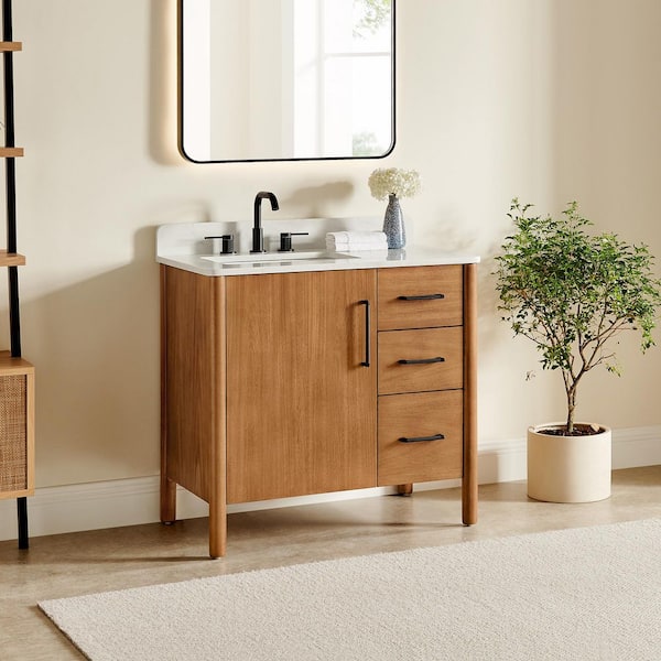 Altair Velora 36 in. Single Freestanding Mango Brown Bath Vanity with Grain White Engineered Stone Top Assembled