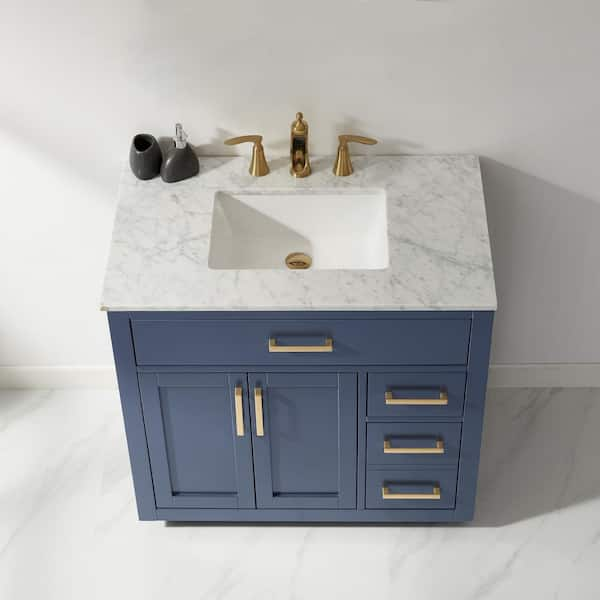 Altair - Georgia 42 Single Bathroom Vanity Set in Jewelry Blue and Composite Carrara White Stone Top with White Farmhouse Basin Without Mirror | 5370