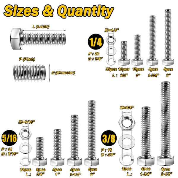 254-Piece Bolts and Nuts Assortment Kit, 1/4 20 Bolt, 5/16 18 Bolt, 3/8 16 Bolt, Includes 10 Common Sizes