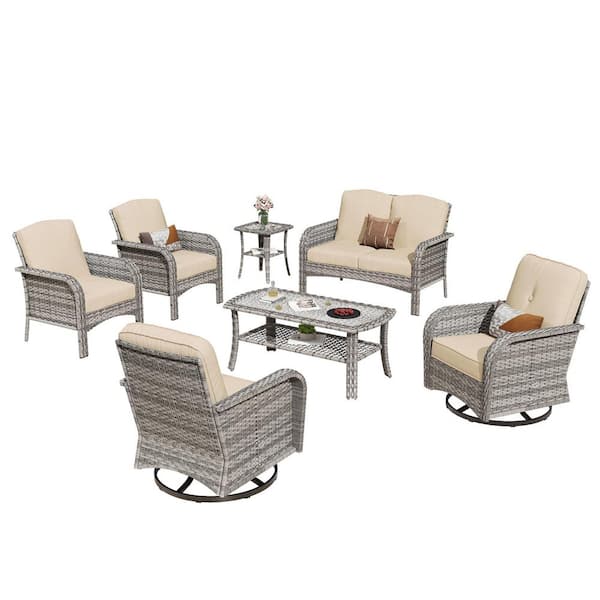 Meiss Gray 7-Piece Wicker Patio Conversation Set with Beige Cushions and Swivel Chairs