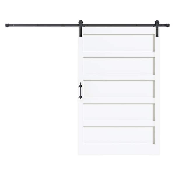 60 in. x 84 in. 5 Lite Manufactured Solid MDF Core White Finished Interior Sliding Barn Door with Hardware Kit