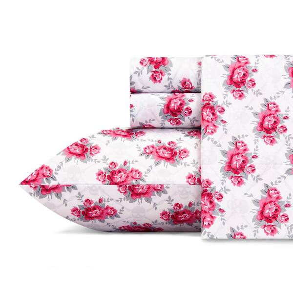 Betsey Johnson Skull Rose Trellis 4 Piece Pink Graphic Microfiber Full Sheet Set Ushsa01122663 The Home Depot