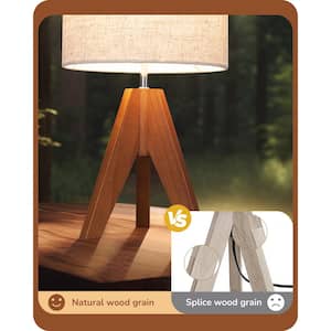 14.2 in. Light Brown Wooden Tripod Table Lamp with Fabric Shade
