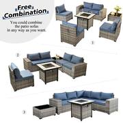 Tahoe Grey 7-Piece Wicker Wide Arm Outdoor Patio Conversation Sofa Set with a Fire Pit and Denim Blue Cushions