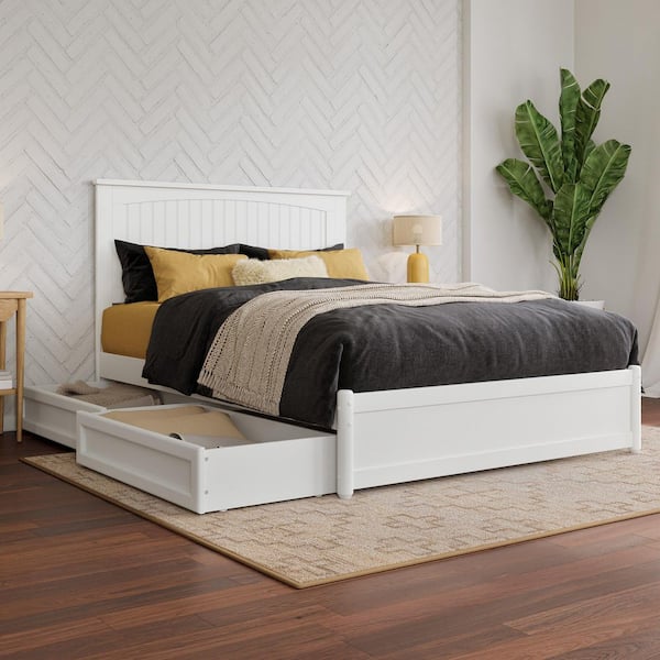 AFI Malta White Solid Wood Frame Full Platform Bed with Panel Footboard and Storage Drawers