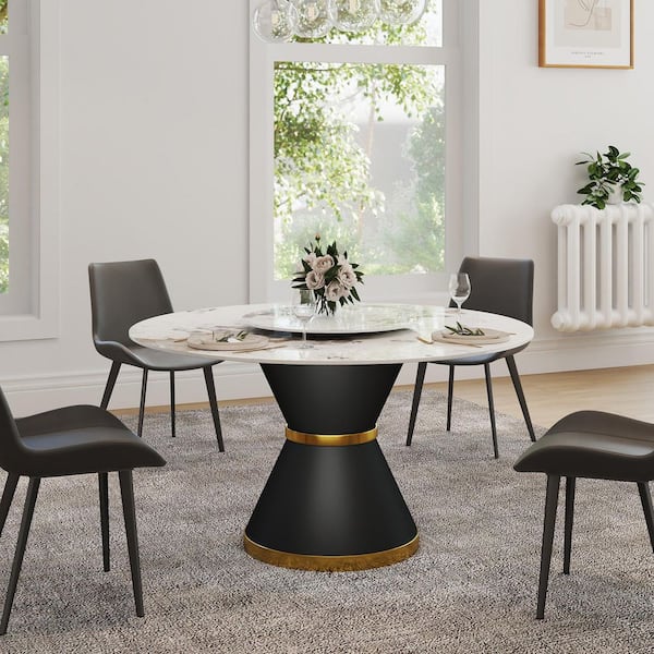 53 in. Pandora Circular Rotable Sintered Stone Tabletop with Lazy Susan Pedestal Base Kitchen Dining Table (Seats 6)