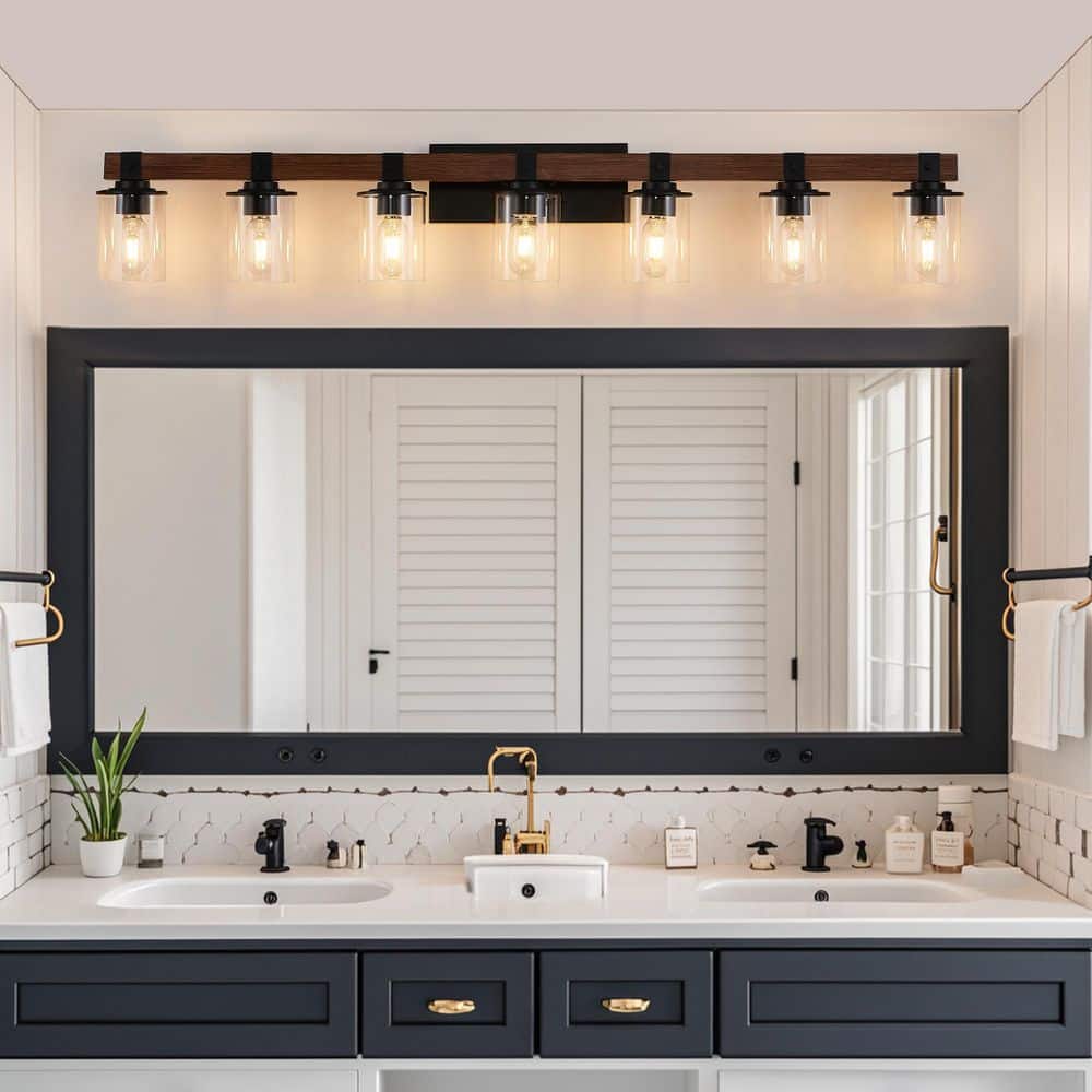 50 in. 7-Light Walnut Black Vanity Light Bathroom Wall Sconce Farmhouse Light Fixture with Glass Shades (No Bulbs) price history on PriceWatchPro