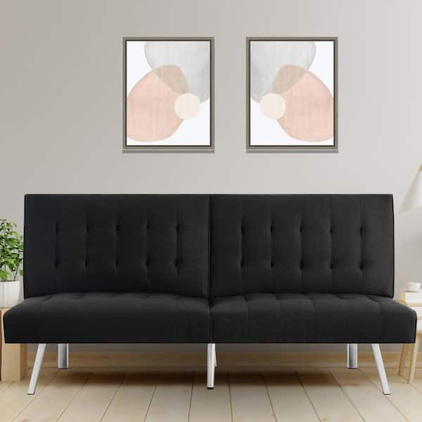68.5 in W Black Tufted Split Back Futon Sofa Bed, Linen Couch Bed, 3-Seat Futon Convertible Sofa Bed