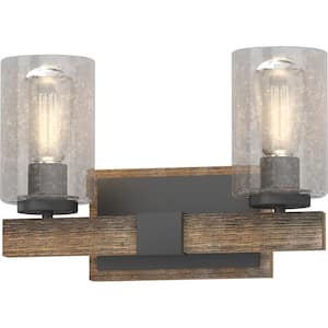 2-Light Indoor Black Walnut Bath or Vanity Light Bar or Wall Mount with Clear Seedy Bubble Glass Cylinder Shades