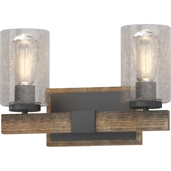 Volume Lighting 2-Light Indoor Black Walnut Bath or Vanity Light Bar or Wall Mount with Clear Seedy Bubble Glass Cylinder Shades