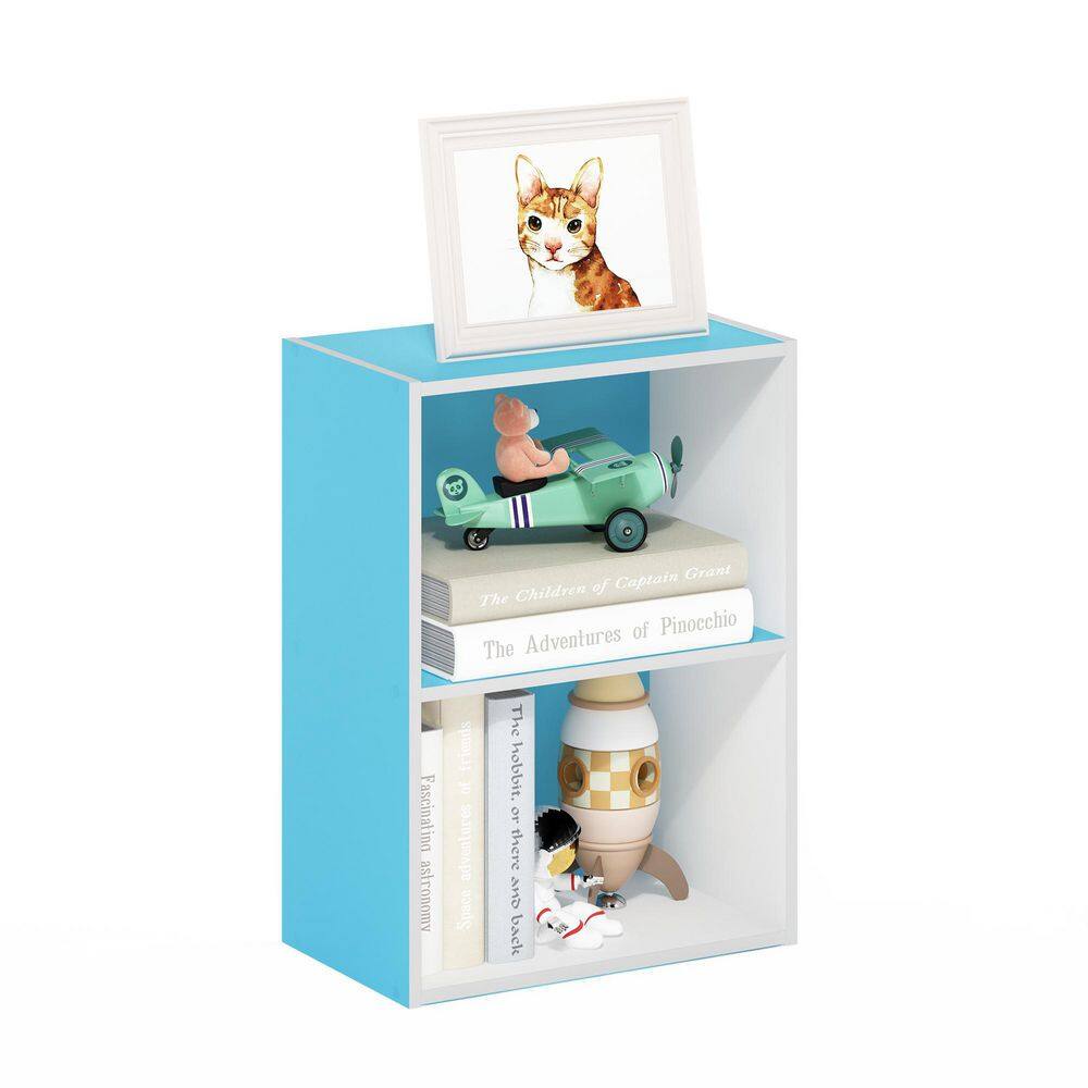 White and Light Blue Stackable Kids Bookcase with Open Shelves