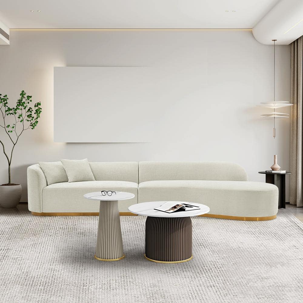Ivory Linen Upholstered 2-Piece Sectional Sofa with Golden Base