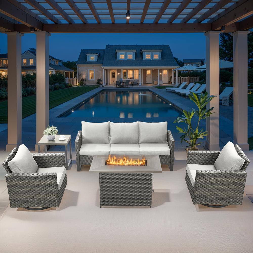 U-Frame 5-Piece Gray Wicker Fire Pit Conversation Set with Olefin Beige Cushions and Rectangle Fire Pit Table price history on PriceWatchPro