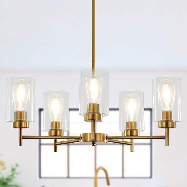 5-Light Gold Hanging Modern Linear Chandelier Lighting Kitchen Island Ceiling Light with Glass Shade