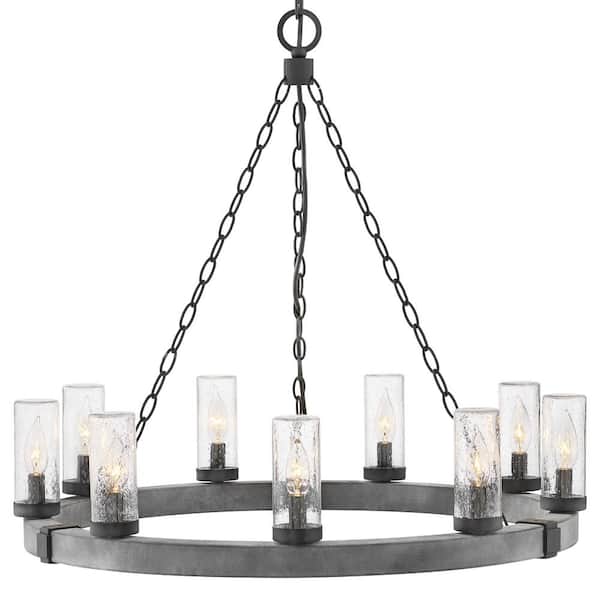 Sawyer Large 9-Light Aged Zinc Outdoor Hanging Chandelier