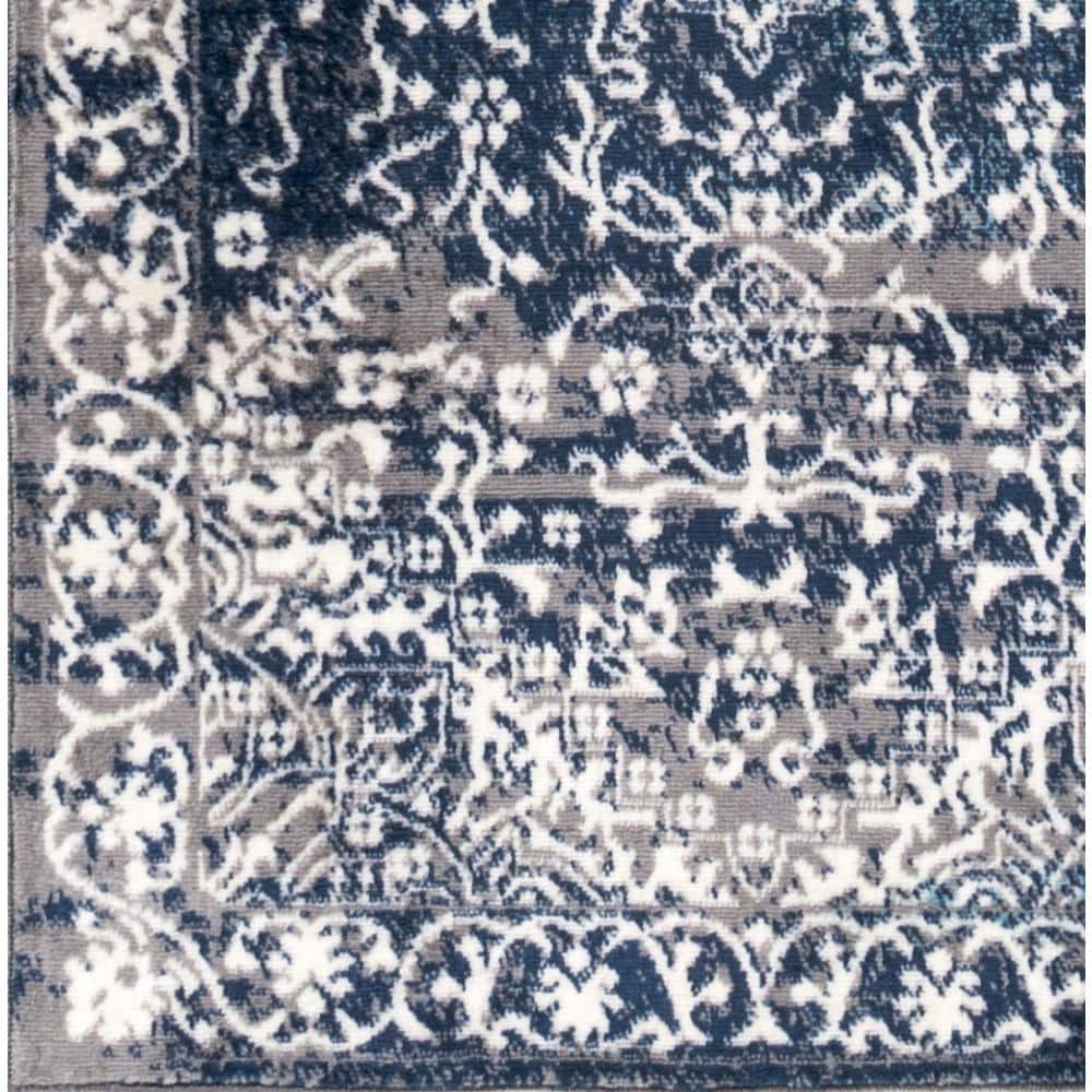 Navy and Light Grey Medallion Synthetic Runner Rug