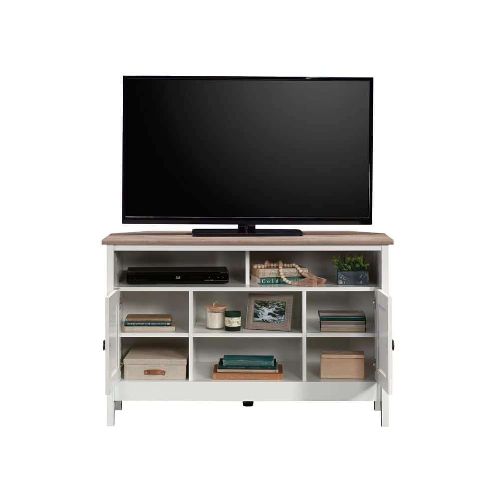 Soft White Corner TV Stand with Cabinet and Oak Top