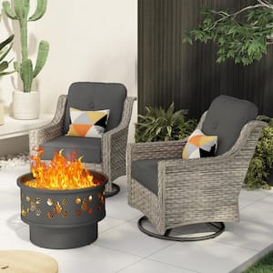 Eureka Gray 3-Piece Wicker Patio Conversation Swivel Chair Set with a Wood-Burning Fire Pit and Black Cushions