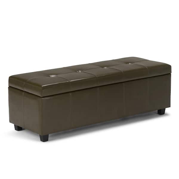 Simpli Home Castleford 48 in. Contemporary Storage Ottoman in Deep Olive Green Bonded Leather