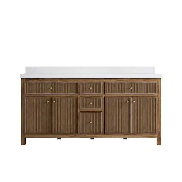 Sonoma Teak 72 in. W x 22 in. D x 36 in. H Double Sink Bath Vanity in Dark Teak with 2" White Quartz Top