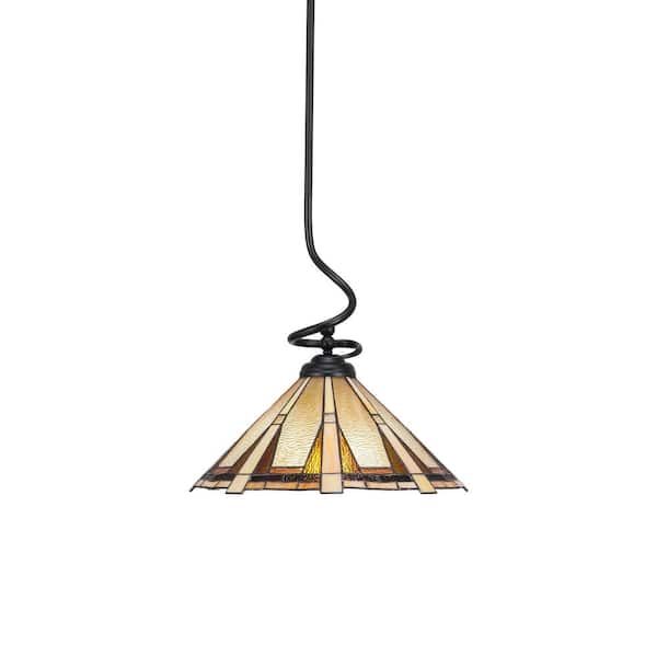 Unbranded Royale 100-Watt 1-Light Matte Black Shaded Pendant Light with 16 in. Zion Art Glass Shade, No Bulb Included