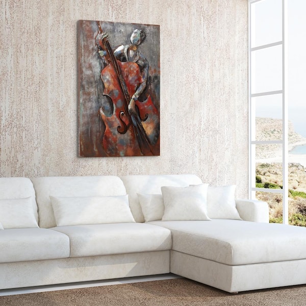 48 in. x 32 in. "The Bassist" Mixed Media Iron Hand Painted Dimensional Wall Art