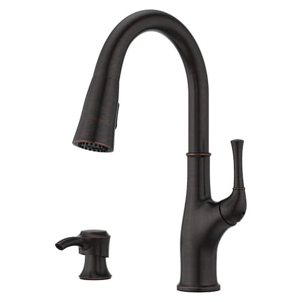 Alderwood Single Handle Pull Down Kitchen Faucet with Deck Plate and Soap Dispenser in Tuscan Bronze