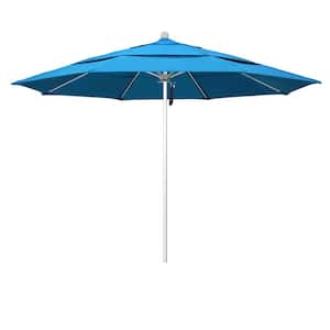 11 ft. Silver Aluminum Commercial Market Patio Umbrella with Fiberglass Ribs and Pulley Lift in Canvas Cyan Sunbrella