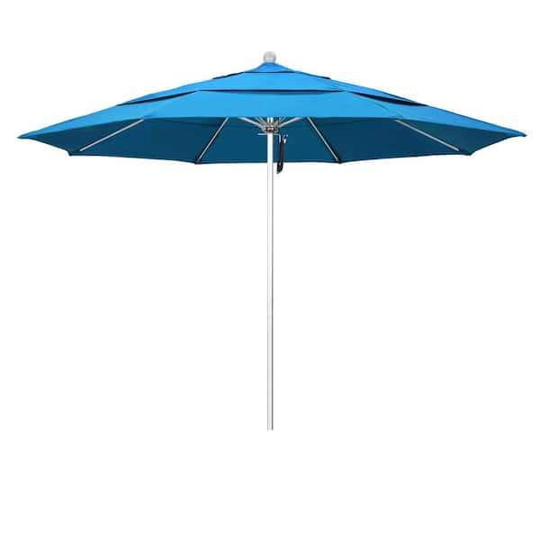 California Umbrella 11 ft. Silver Aluminum Commercial Market Patio Umbrella with Fiberglass Ribs and Pulley Lift in Canvas Cyan Sunbrella