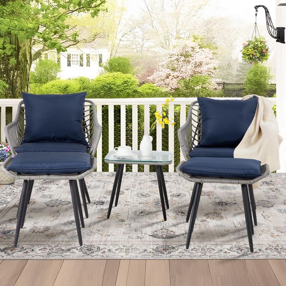 5-Piece Gray PE Wicker Outdoor Lounge Chair Chat Set with Navy Blue Cushions, Ottomans and Glass Side Table price history on PriceWatchPro