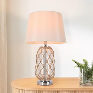 Modern 26 in. 1-Light Chrome Table Lamp With White Fabric Shade Clear Glass Base and Hemp Rope Accents for Living Room