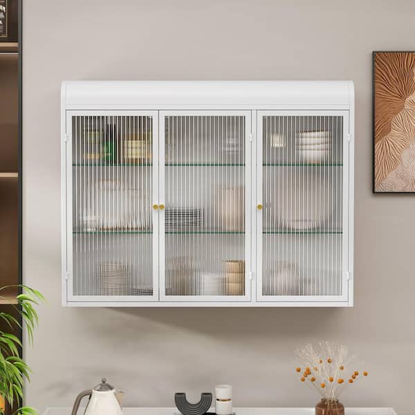 White Metal Pantry Organizer with 3 Glass Doors Arched Wall Mounted Storage Cabinets with 2 Shelves Bathroom Cabinet