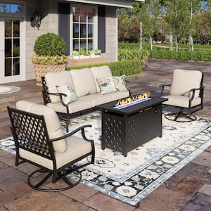 Black Metal Meshed 5 Seat 4-Piece Steel Outdoor Fire Pit Patio Set with Beige Cushions, Black Rectangular Fire Pit Table