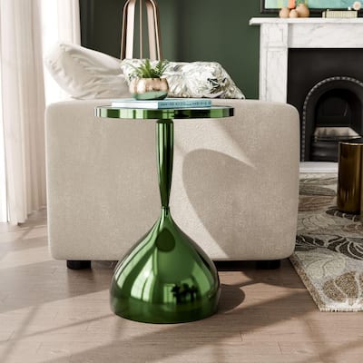 Knoll 15.75 in. Boho Polished Green Metal Round Faux Marble Top End Table