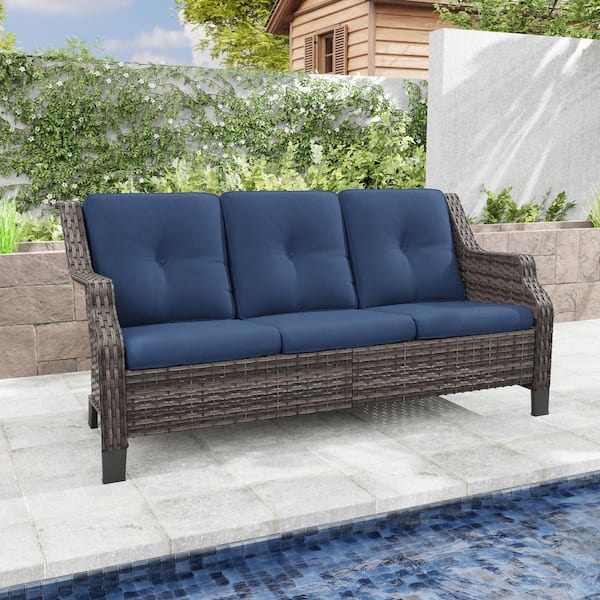 3-Seat Wicker Outdoor Patio Sofa Sectional Couch with Blue Cushions
