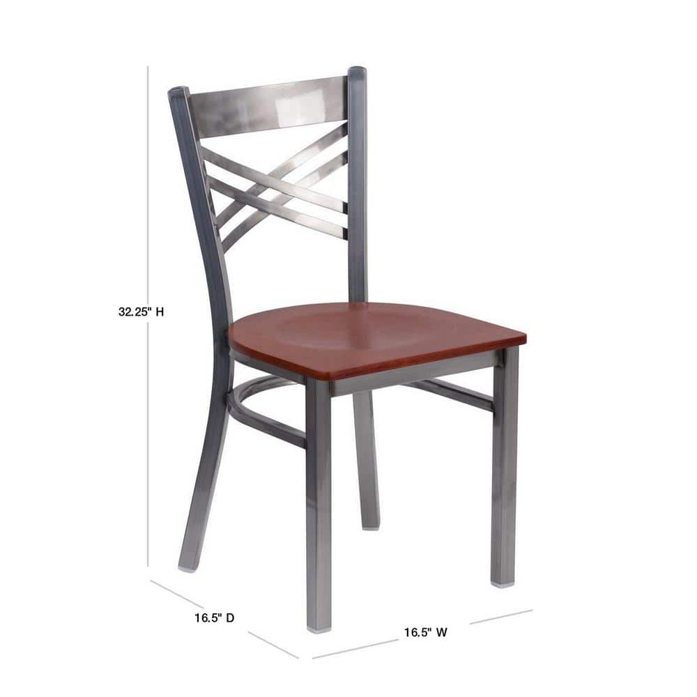 Cherry and Silver Cross Back Metal Side Chair