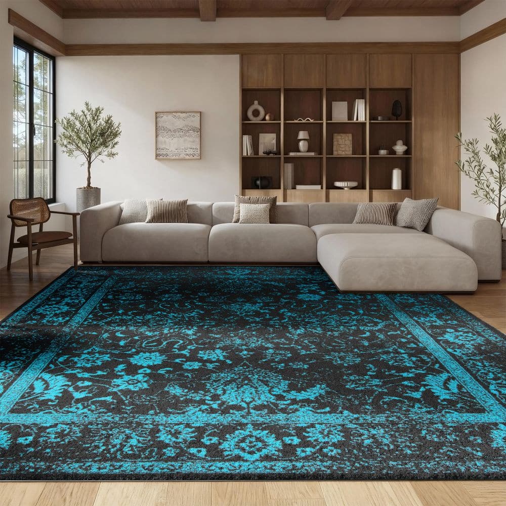 Adirondack 6 ft. x 8 ft. Black/Teal Border Distressed Area Rug price history on PriceWatchPro