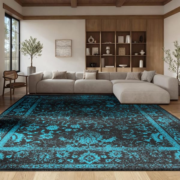 Adirondack 6 ft. x 8 ft. Black/Teal Border Distressed Area Rug