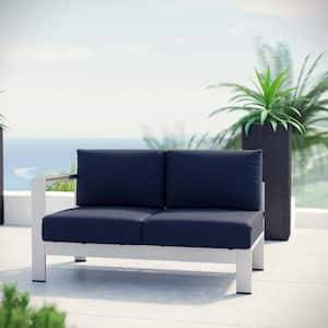 Shore Patio Aluminum Left Arm Outdoor Sectional Chair Loveseat in Silver with Navy Cushions