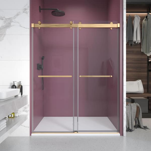 48 in. W x 76 in. H Double Sliding Frameless Shower Door in Brushed ...