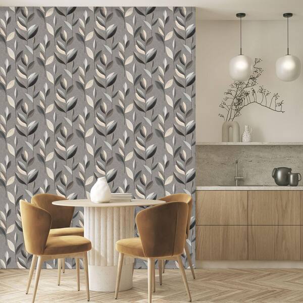 Wheat Sheaf & Onyx Gray Stylized Plum Leaf Print Non Woven Non-Pasted Textured Wallpaper 57 Sq. Ft.
