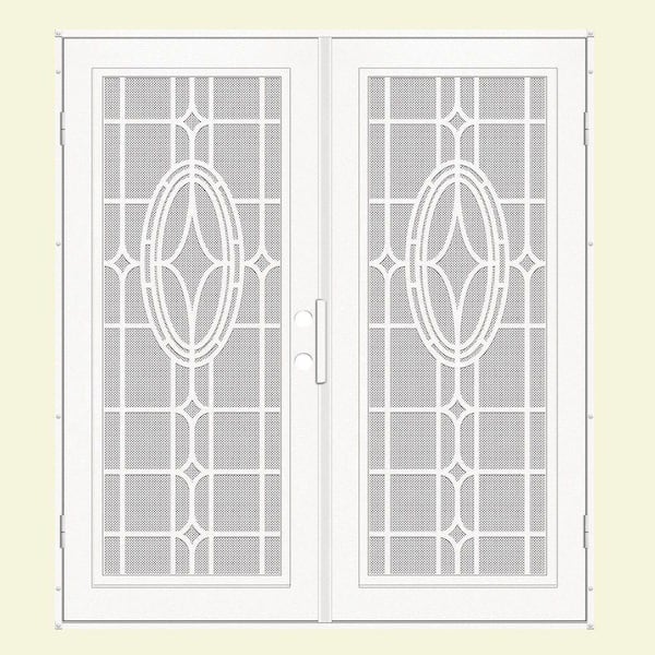 Unique Home Designs 60 in. x 80 in. Modern Cross White Left-Hand Recessed Mount Aluminum Security Door with White Perforated Screen