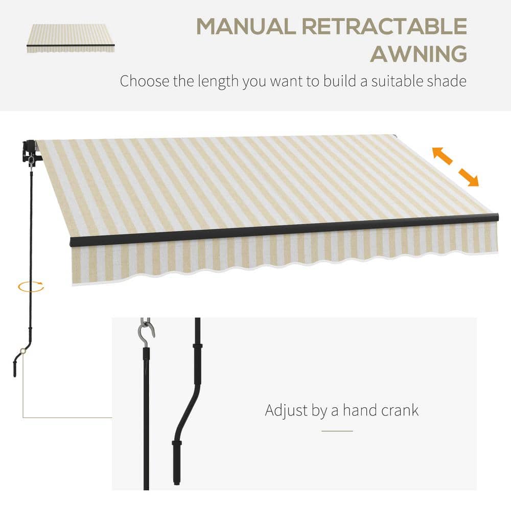 Beige and White Striped Polyester Retractable Patio Awning with Manual Crank
