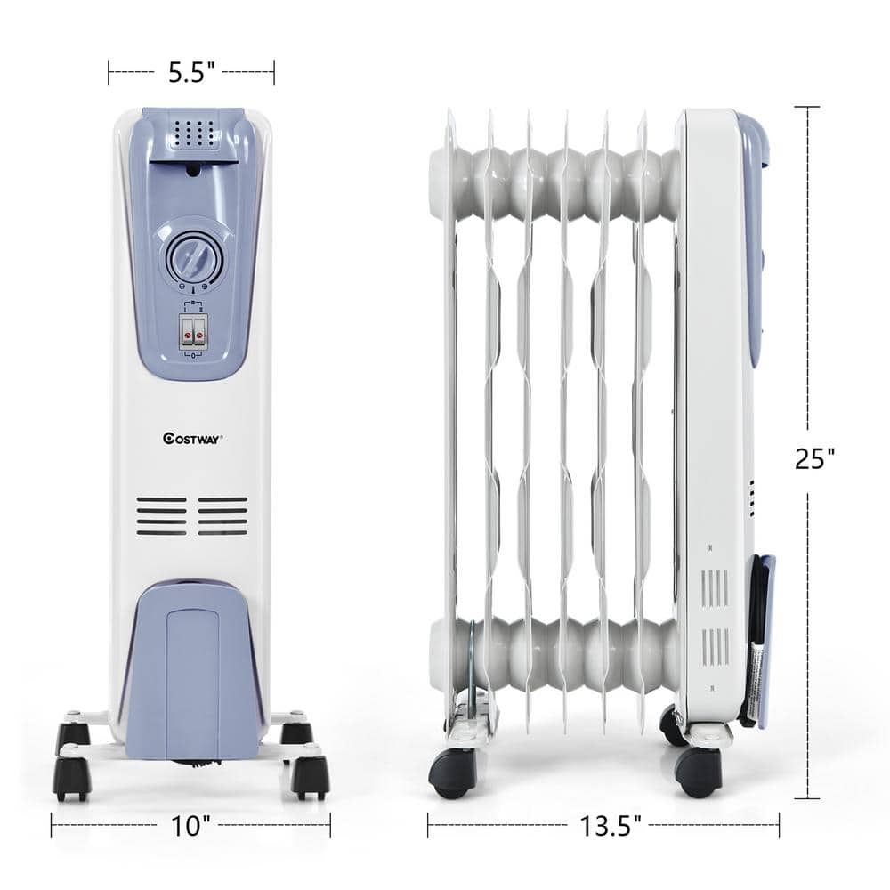 Blue and White 1500W Oil-Filled Radiator Heater with Thermostat