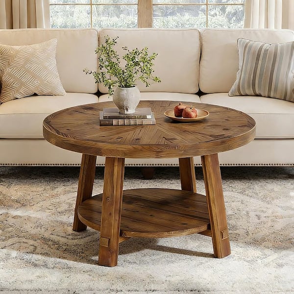 Kerlin 31.5 in. Brown Round Solid Wood Coffee Table Center Low Cocktail Tea Desk Modern Industrial 2 Tier Storage